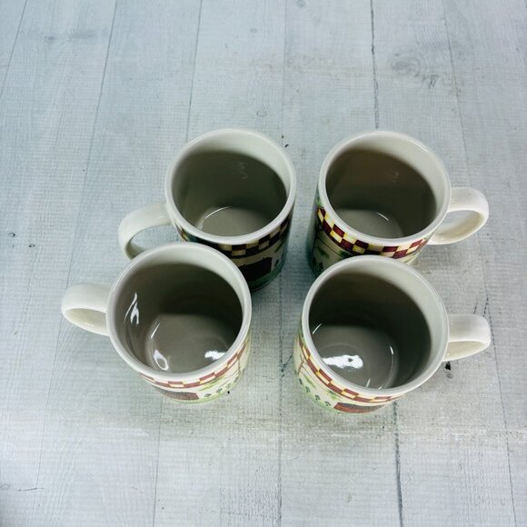 Thomson Pottery COUNTRY HOME Red White Check Farmhouse Tree 10 oz Cup Mugs Set 4 - Picture 6 of 15